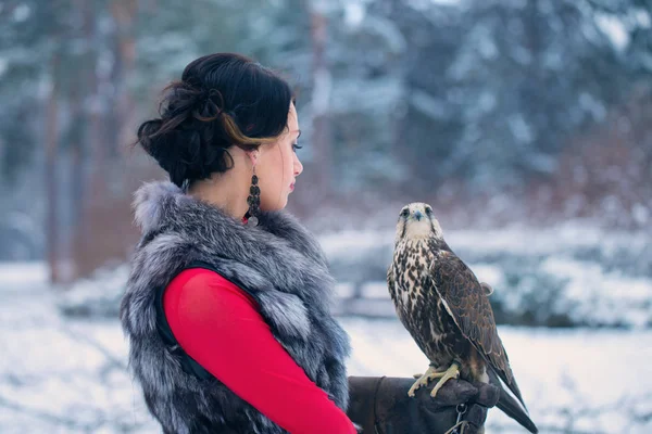 Bella Donna Che Tiene Falco Sulla Mano Inverno — Foto Stock