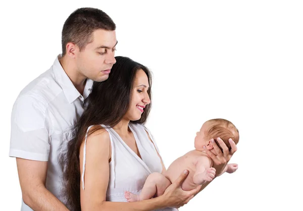 Jonge Ouders Houden Van Hun Pasgeboren Baby Geïsoleerd — Stockfoto