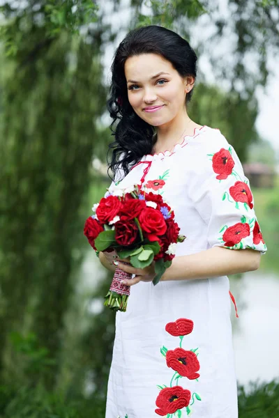 Beautiful Bride Dress Embroidery Ukrainian Style — Stock Photo, Image