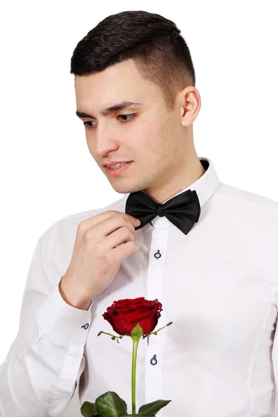 Man Red Rose Hands Valentine Day — Stock Photo, Image