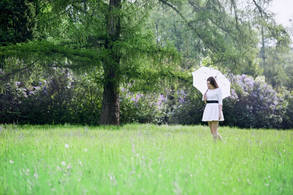 Vacker Flicka Med Vitt Paraply Går Genom Äng — Stockfoto