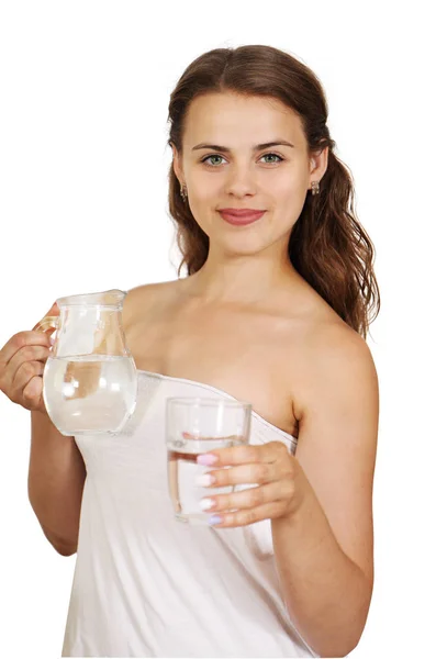 Mulher Bonita Segurando Jarro Água Copo Isolado Branco — Fotografia de Stock