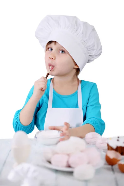 Kleines Mädchen Einer Mütze Koch Bereitet Dessert — Stockfoto