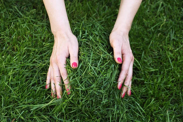 Красивые Женские Руки Отнимают Траву — стоковое фото