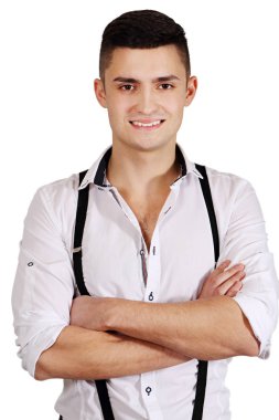 Jartiyer yakışıklı bir adam. Beyaz arka plan üzerinde izole