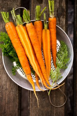 Metal bir kevgir üzerinde taze sulu havuç