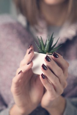 Bordo manikür bir pot küçük bir çiçek ile tutarak kızla