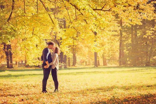 Sonbahar Parkta Yürüyen Genç Güzel Çift — Stok fotoğraf