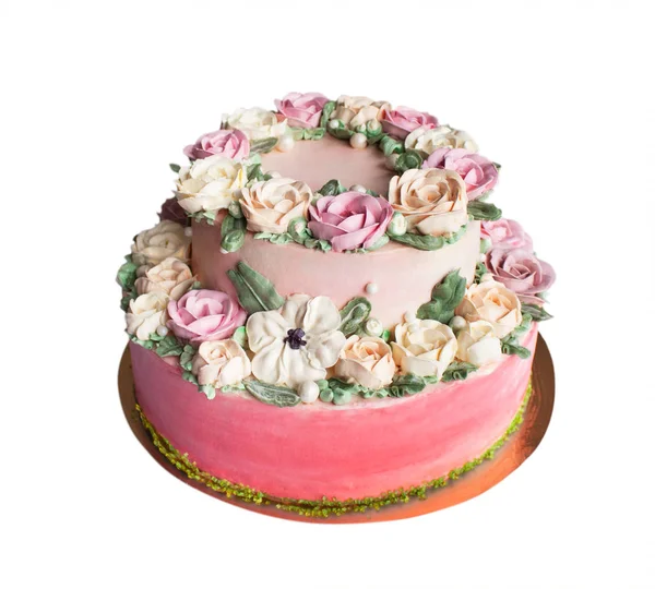 分離されたバラのクリームと美しいピンクのケーキ — ストック写真