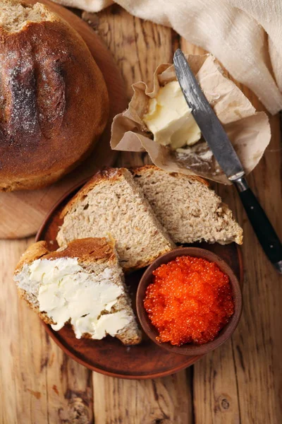 Fette Pane Fatto Casa Con Burro Caviale Vista Dall Alto — Foto Stock