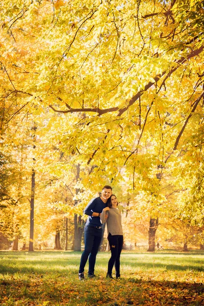 Sonbahar Parkta Yürüyen Genç Güzel Çift — Stok fotoğraf