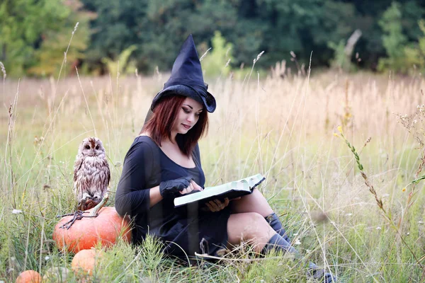 Belle Jeune Sorcière Avec Livre Herbe — Photo