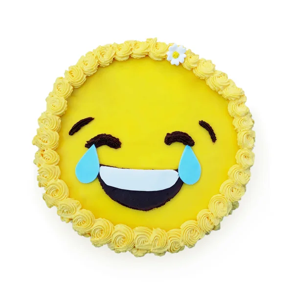 Lindo Bolo Amarelo Com Sorriso Isolado Fundo Branco — Fotografia de Stock