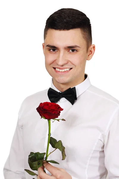 Hombre Con Rosa Roja Las Manos San Valentín — Foto de Stock