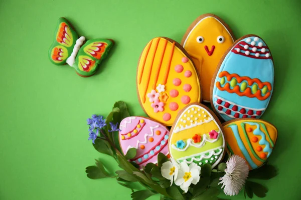 Still Life Easter Cookies Spring Flowers — Stock Photo, Image