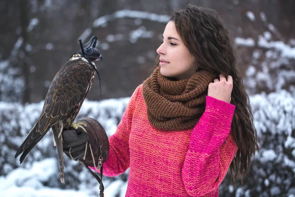 Hermosa Mujer Sosteniendo Halcón Mano Invierno —  Fotos de Stock