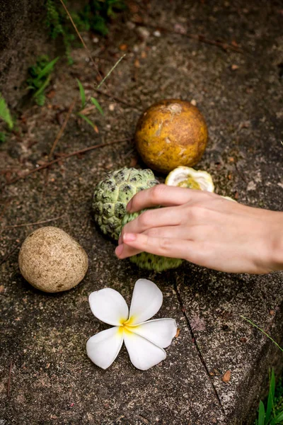 Naturaleza Muerta Con Frutas Exóticas Útiles Sobre Fondo Piedra —  Fotos de Stock