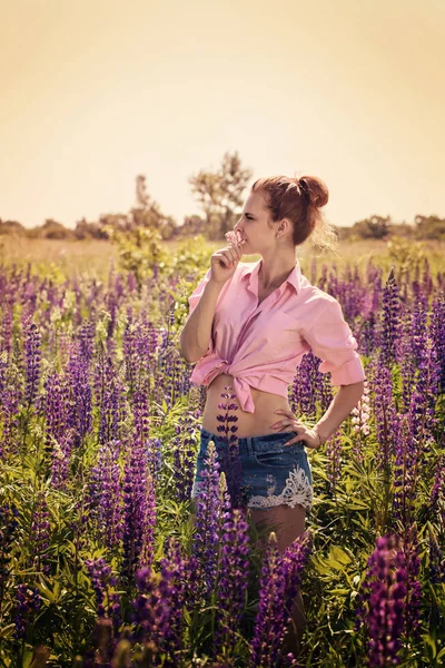 Güzel Genç Kadın Çiçek Açan Lupines Bir Alana — Stok fotoğraf