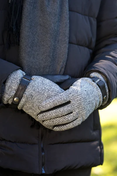 Black leather men's gloves with herringbone fabric inserts