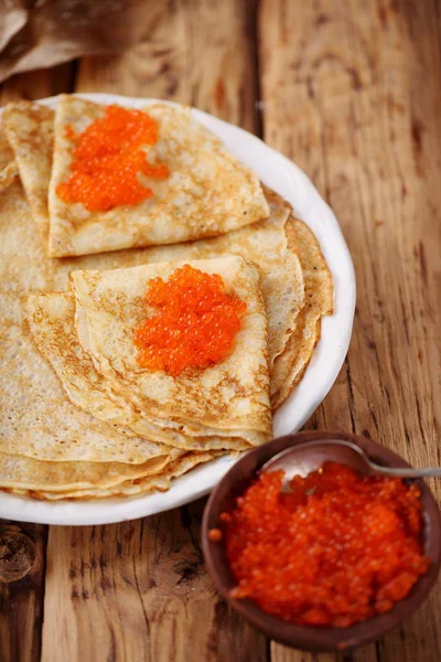 Pancakes Red Caviar Home Salty Snack Shrovetide — Stock Photo, Image