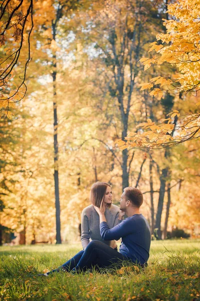 秋の公園で草原に座っている若い美しいカップル — ストック写真