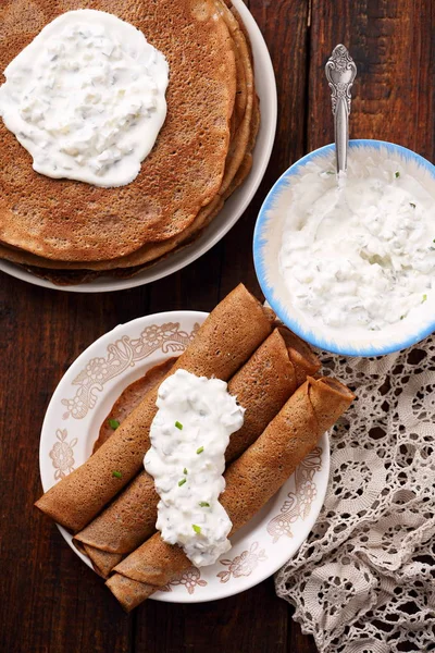 Salty Snack Shrovetide Pancakes Chicken Liver Sauce Tartar Marinated Cucumber — Stock Photo, Image