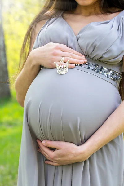 Hermosa Mujer Embarazada Pelo Largo Prado Primavera — Foto de Stock