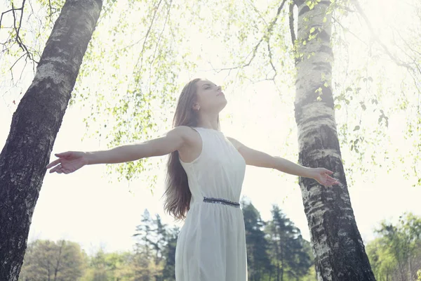 Freedom Dreamy Girl Summer Dress Meadow — Stock Photo, Image