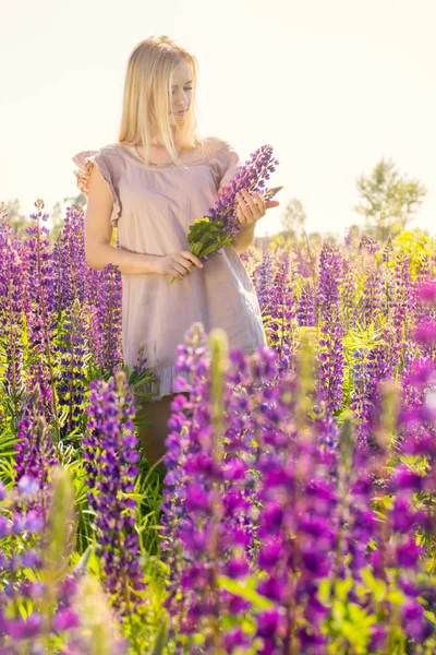 Vacker Blond Ung Kvinna Ett Fält Med Blommande Lupiner — Stockfoto