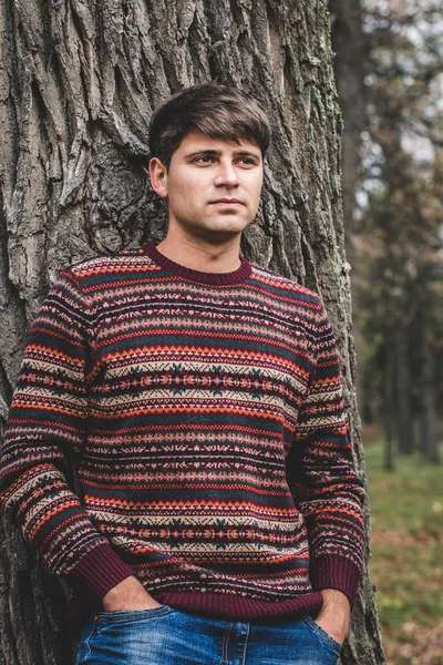 Bonito Jovem Camisola Malha Parque Outono — Fotografia de Stock