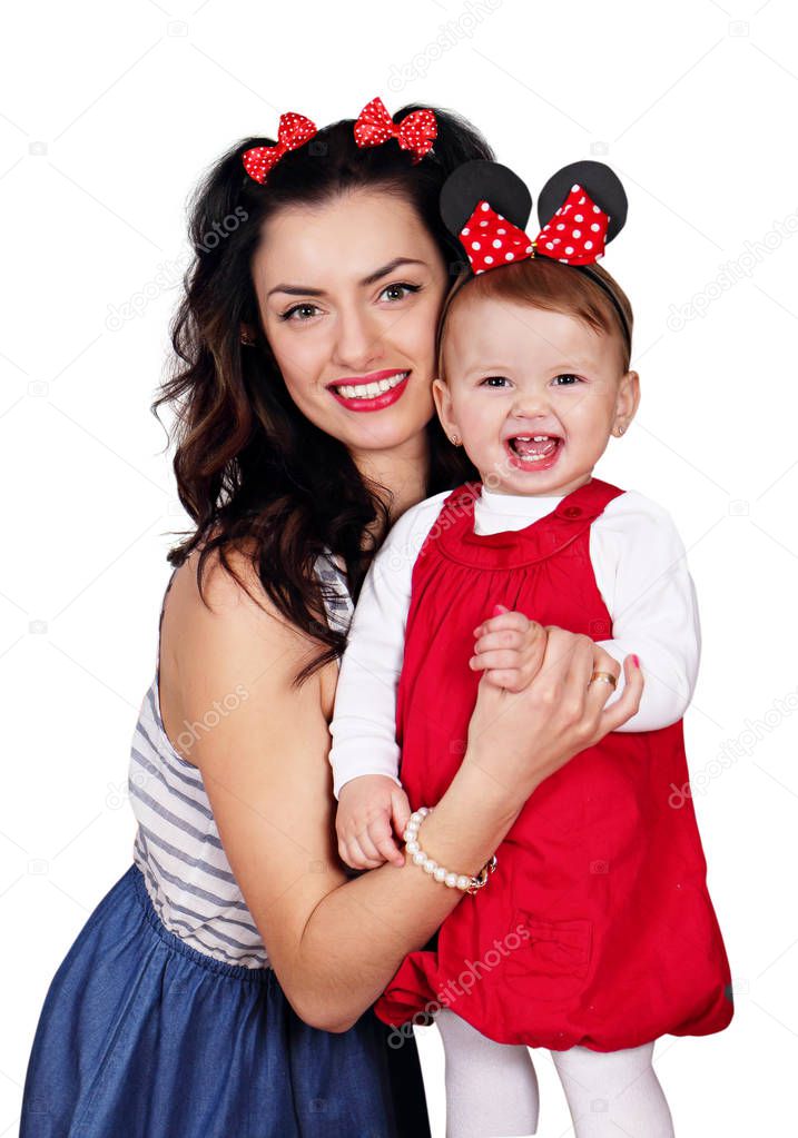 Young mother with little daughter, happy girls. isolated on white background
