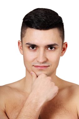 Yakışıklı delikanlı temiz traşlı bir deri ile. Beyaz izole