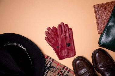 Bej renkli arka plan üzerinde sonbahar öğe koleksiyonu