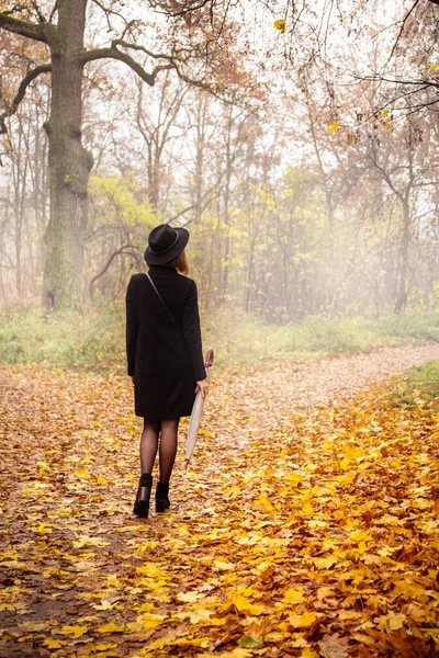 Женщина Черном Пальто Шляпе Туманную Погоду — стоковое фото