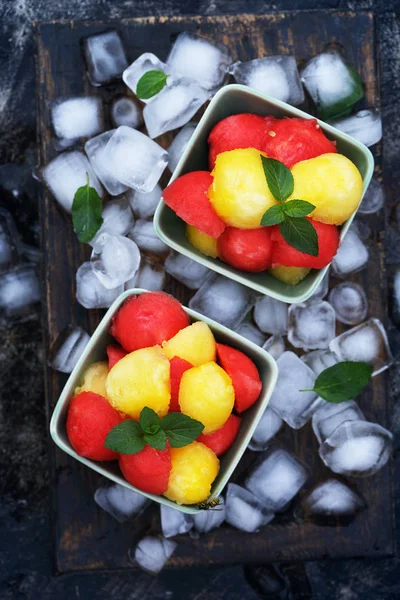 Salad Red Yellow Balls Watermelon Photo Rustic Style — Stock Photo, Image