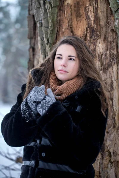 Mulher Casaco Pele Preta Inverno Parque — Fotografia de Stock