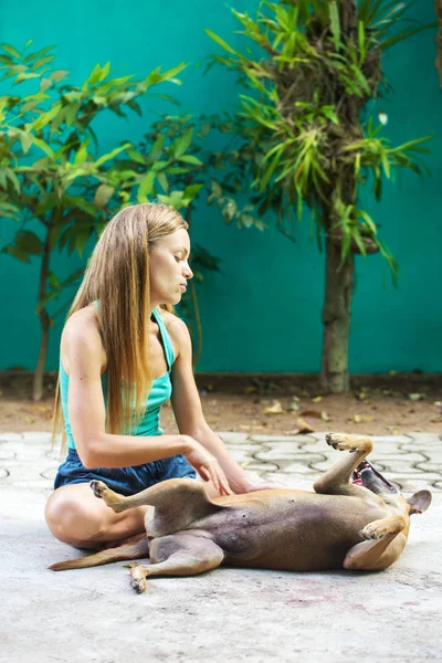 Chica Jugando Con Perro Patio — Foto de Stock