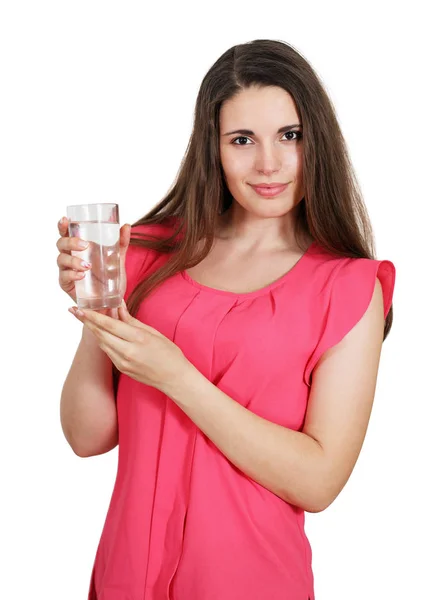 Mulher Bonita Segurando Jarro Água Copo Isolado Branco — Fotografia de Stock