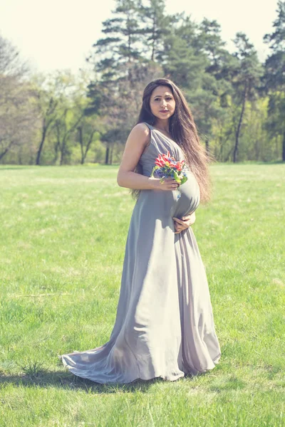 Krásná Těhotná Žena Dlouhých Šatech Louce — Stock fotografie