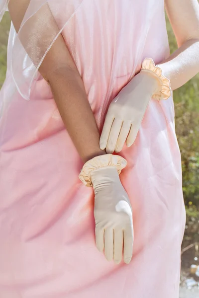 Guantes Beige Hermoso Diseñador Sobre Fondo Vestidos Color Rosa — Foto de Stock