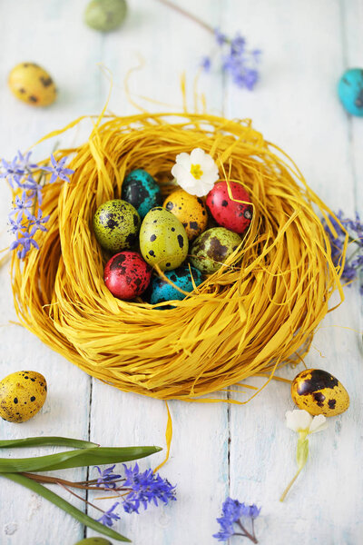 yellow nest with painted eggs, Easter background