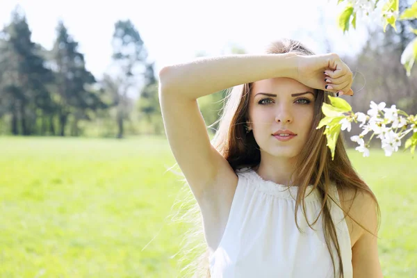 Hermosa Chica Pelo Largo Cerca Árbol Con Flores —  Fotos de Stock