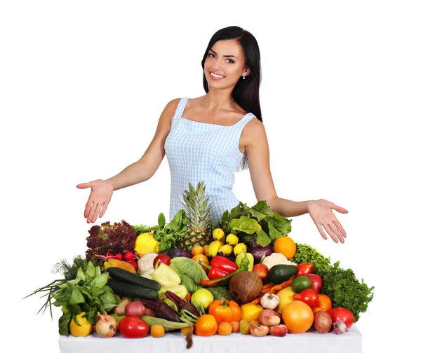 Beautiful Young Woman Table Fruits Vegetables — Stock Photo, Image