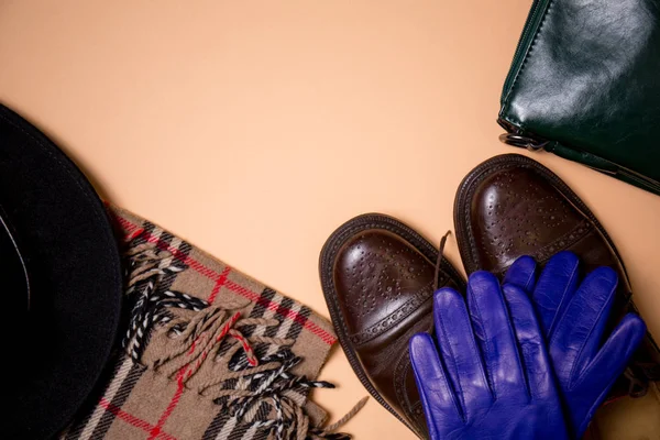 Bej renkli arka plan üzerinde sonbahar öğe koleksiyonu