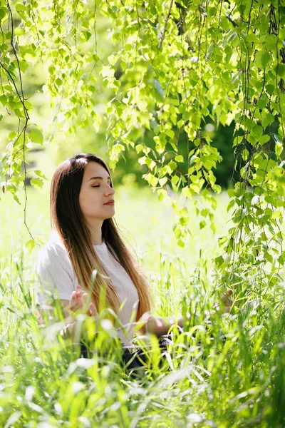 Bir Ağaç Gölgesinde Lotus Pozisyonda Meditasyon Kadın — Stok fotoğraf