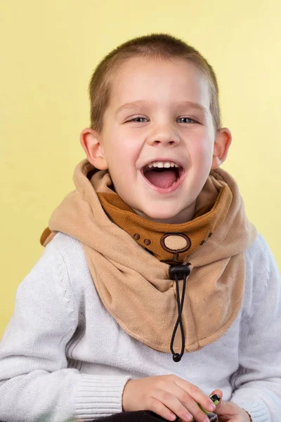 Cheerful Little Boy Carnival Hat Horns — Stock Photo, Image