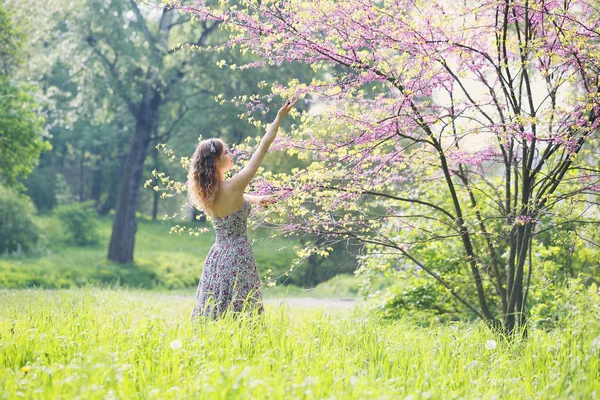 Hermosa Mujer Jardín Primavera Bajo Árbol Flor —  Fotos de Stock