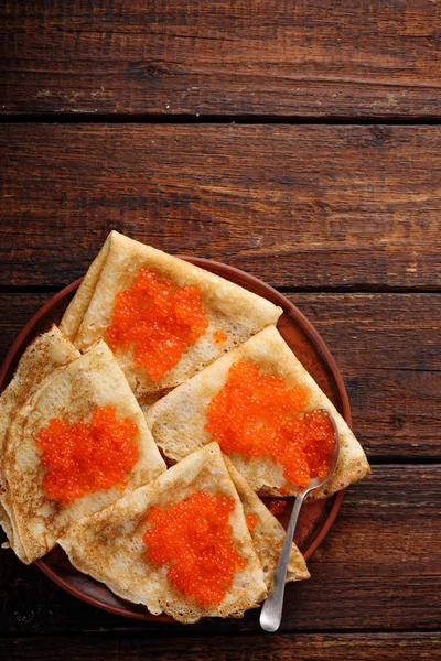 Pancakes Red Caviar Home Salty Snack Shrovetide — Stock Photo, Image