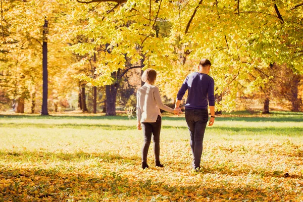 Sonbahar Parkta Yürüyen Genç Güzel Çift — Stok fotoğraf