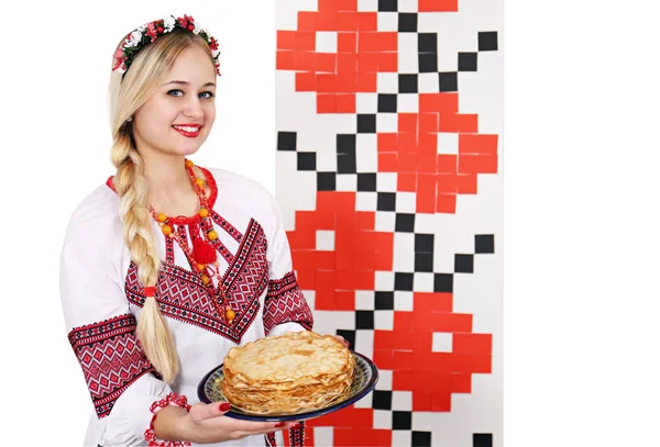 Young Beautiful Woman National Costume Holding Plate Pancakes Background Shrovetide Stock Image